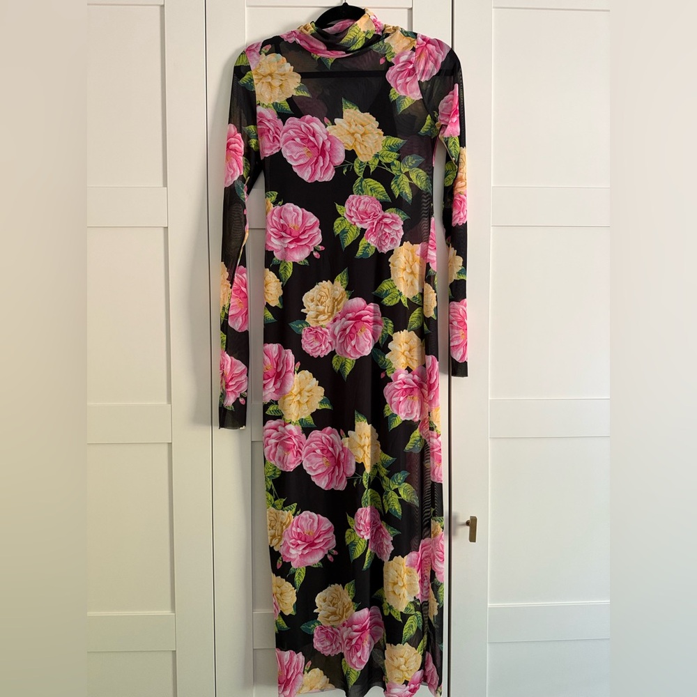 AFRM Black Long Sleeve Dress with Pink and Yellow Floral Design